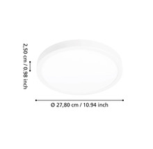 Kulaté ploché stropní svítidlo s průměrem 27,80 centimetrů a výškou 2,50 centimetrů.