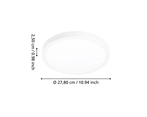 Kulaté ploché stropní svítidlo s průměrem 27,80 centimetrů a výškou 2,50 centimetrů.