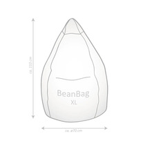 Náčrt sedacího vaku BeanBag XL s rozměry: výška circa 110 centimetrů, průměr circa 70 centimetrů.