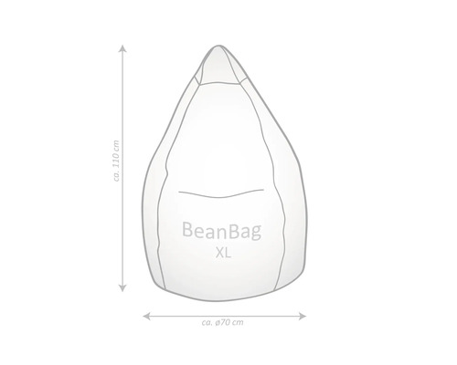 Náčrt sedacího vaku BeanBag XL s rozměry: výška circa 110 centimetrů, průměr circa 70 centimetrů.