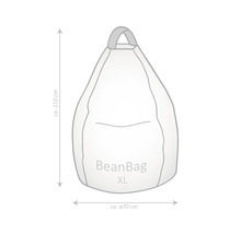 Nákres sedacího vaku BeanBag XL s rozměry: výška přibližně 110 centimetrů a průměr přibližně 70 centimetrů.