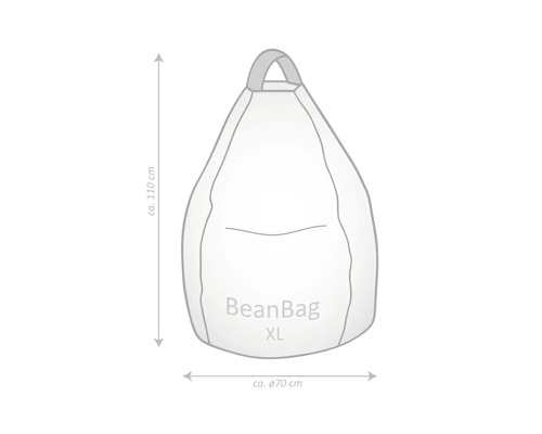 Nákres sedacího vaku BeanBag XL s rozměry: výška přibližně 110 centimetrů a průměr přibližně 70 centimetrů.
