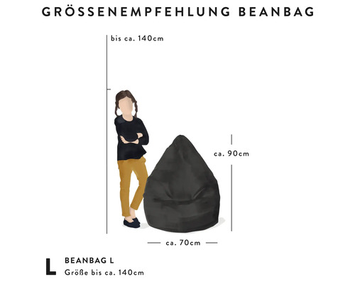 Doporučení velikosti pro sedací vak L: výška circa 90 centimetrů, šířka circa 70 centimetrů, pro osoby do výšky circa 140 centimetrů.