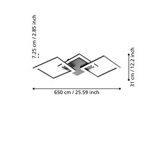 Moderní stropní LED svítidlo se třemi obdélníkovými prvky, šířka přibližně 65 centimetrů, hloubka 31 centimetrů, výška 7,25 centimetrů.