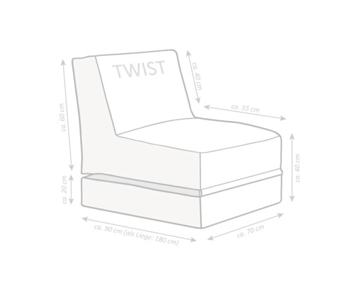 Rozměrový nákres křesla Twist: šířka přibližně 70 centimetrů, hloubka přibližně 90 centimetrů, výška sedu přibližně 40 centimetrů, délka v rozloženém stavu přibližně 180 centimetrů.