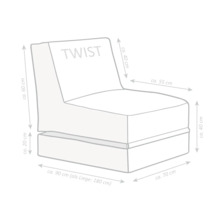 Rozměrový nákres křesla Twist: šířka přibližně 70 centimetrů, hloubka přibližně 90 centimetrů, výška sedu přibližně 40 centimetrů, délka v rozloženém stavu přibližně 180 centimetrů.