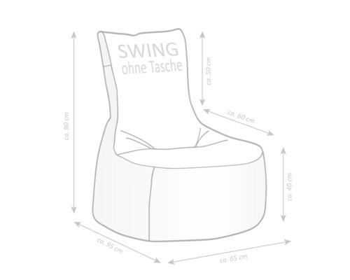 Sedací vak SWING bez kapsy s rozměry: celková výška přibližně 90 cm, šířka přibližně 65 cm, celková hloubka přibližně 95 cm, výška sedu přibližně 40 cm.
