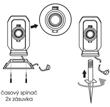 Technický výkres montáže venkovního zásuvkového sloupku s časovým spínačem a dvěma zásuvkami pomocí základny nebo zemního trnu.
