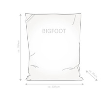 Náčrt sedacího vaku BIGFOOT s rozměry: výška přibližně 170 cm, šířka přibližně 130 cm, hloubka přibližně 20 cm.