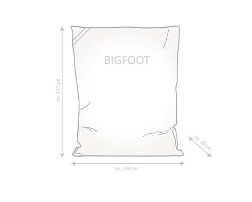 Náčrt sedacího vaku BIGFOOT s rozměry: výška přibližně 170 cm, šířka přibližně 130 cm, hloubka přibližně 20 cm.