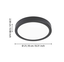 Kulaté LED stropní svítidlo v černé barvě s průměrem 21,10 centimetrů a výškou 2,50 centimetrů.