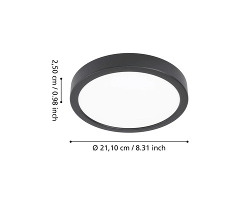 Kulaté LED stropní svítidlo v černé barvě s průměrem 21,10 centimetrů a výškou 2,50 centimetrů.