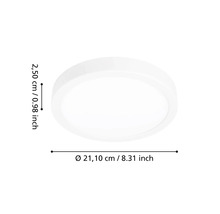 Kulaté ploché bílé stropní svítidlo s průměrem 21,10 centimetrů a výškou 2,50 centimetrů.