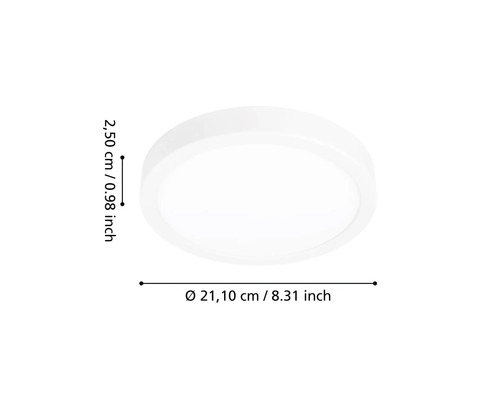 Kulaté ploché bílé stropní svítidlo s průměrem 21,10 centimetrů a výškou 2,50 centimetrů.
