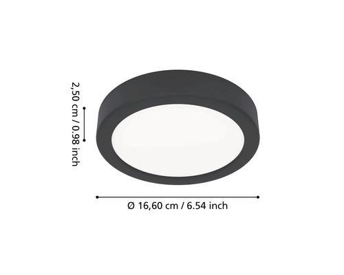 Kulaté LED stropní svítidlo, průměr 16,60 centimetrů, výška 2,50 centimetrů.
