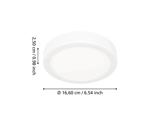 Kulaté stropní LED svítidlo o průměru 16,60 centimetru a výšce 2,50 centimetru.