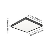 Čtvercové LED stropní svítidlo s černým rámem, šířka 22 centimetrů, délka 22 centimetrů, výška 2,50 centimetru.