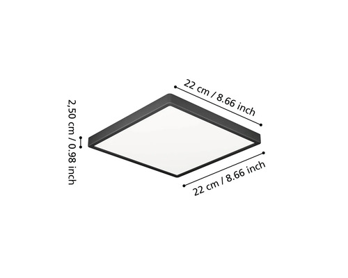 Čtvercové LED stropní svítidlo s černým rámem, šířka 22 centimetrů, délka 22 centimetrů, výška 2,50 centimetru.