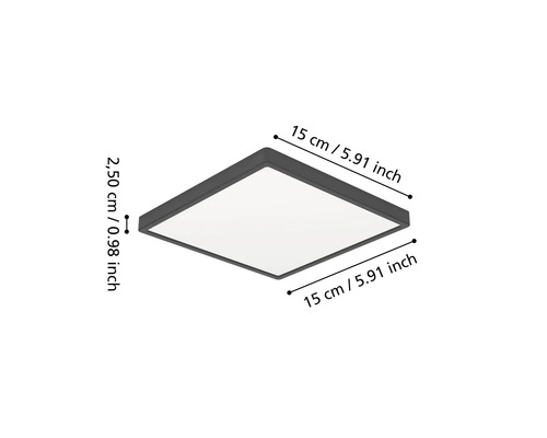 Čtvercové LED panelové svítidlo s rozměry: délka 15 centimetrů, šířka 15 centimetrů a výška 2,50 centimetrů.