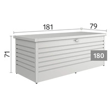 Zahradní box s vodorovnou liniovou strukturou a rozměry 181 centimetrů délky, 79 centimetrů šířky a 71 centimetrů výšky. Model velikost 180.