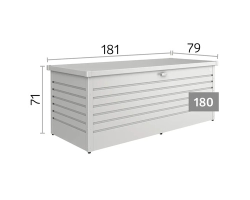 Zahradní box s vodorovnou liniovou strukturou a rozměry 181 centimetrů délky, 79 centimetrů šířky a 71 centimetrů výšky. Model velikost 180.