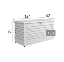 Kovový zahradní box s rozměry: délka 134 centimetrů, hloubka 62 centimetrů, výška 71 centimetrů, model 130.
