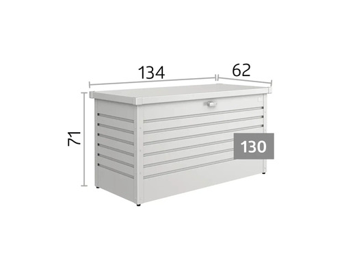 Kovový zahradní box s rozměry: délka 134 centimetrů, hloubka 62 centimetrů, výška 71 centimetrů, model 130.