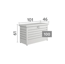 Zahradní úložný box s rozměry: šířka 101 centimetrů, hloubka 46 centimetrů, výška 61 centimetrů. Model 100.