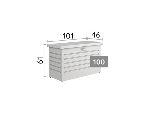 Zahradní úložný box s rozměry: šířka 101 centimetrů, hloubka 46 centimetrů, výška 61 centimetrů. Model 100.