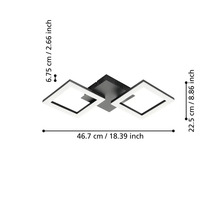 Stropní LED svítidlo se dvěma čtvercovými rámy, rozměry 46,7 centimetrů šířka, 22,5 centimetrů hloubka a 6,75 centimetrů výška.
