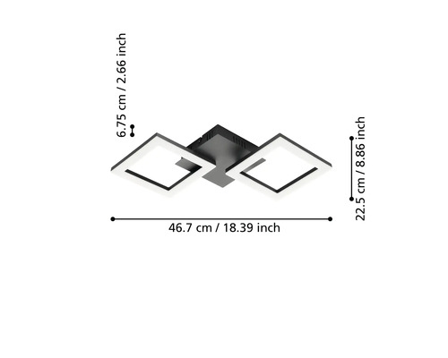 Stropní LED svítidlo se dvěma čtvercovými rámy, rozměry 46,7 centimetrů šířka, 22,5 centimetrů hloubka a 6,75 centimetrů výška.