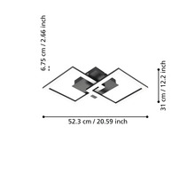 Moderní LED stropní svítidlo se dvěma čtverci, rozměry: šířka 52,3 centimetrů, hloubka 31 centimetrů, výška 6,75 centimetrů.