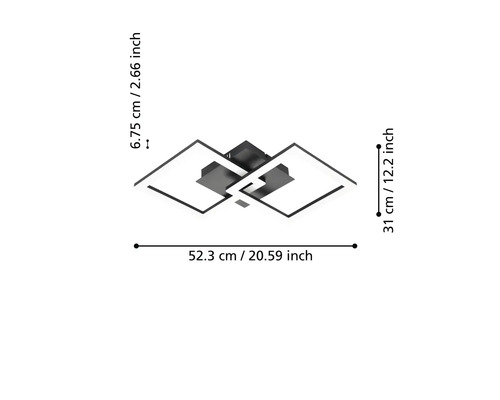 Moderní LED stropní svítidlo se dvěma čtverci, rozměry: šířka 52,3 centimetrů, hloubka 31 centimetrů, výška 6,75 centimetrů.