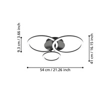 LED stropní svítidlo se třemi kruhy, rozměry: šířka 54 centimetrů, hloubka 41 centimetrů, výška 9,3 centimetrů.