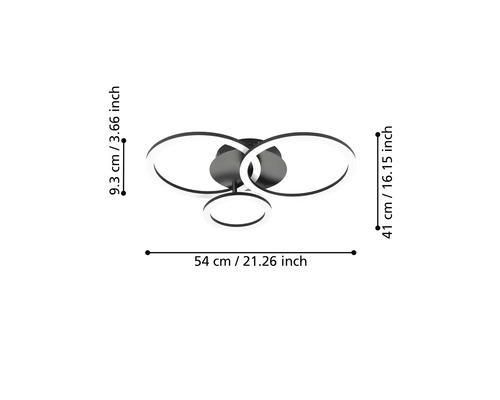 LED stropní svítidlo se třemi kruhy, rozměry: šířka 54 centimetrů, hloubka 41 centimetrů, výška 9,3 centimetrů.