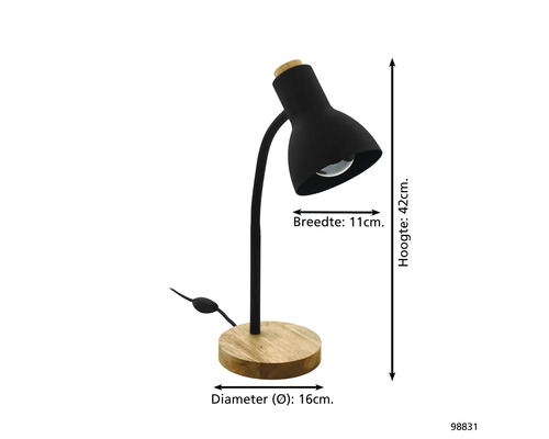 Stolní lampa z kovu s dřevěnou základnou. Výška 42 centimetrů, šířka stínidla 11 centimetrů, průměr základny 16 centimetrů.