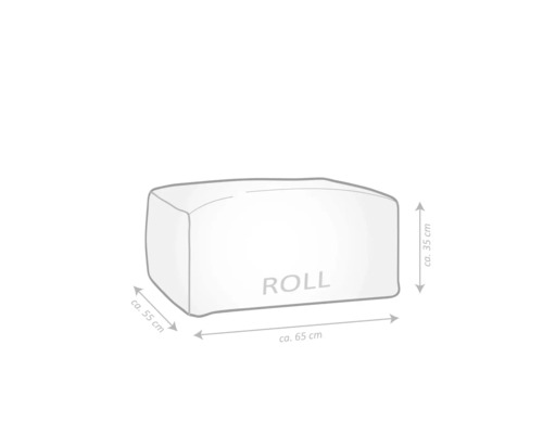 Rozměrový nákres pro sedací polštář ROLL, šířka circa 65 cm, hloubka circa 55 cm a výška circa 35 cm.