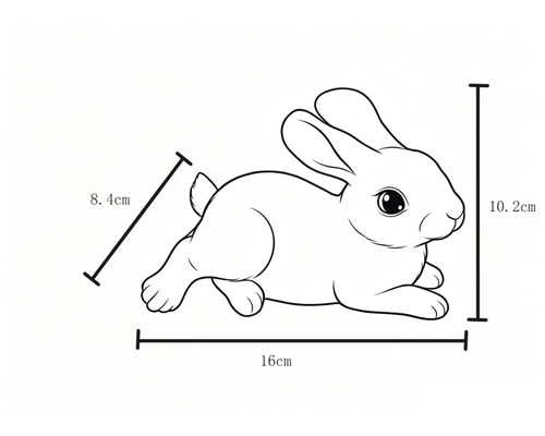 Kresba ležícího králíka s rozměry: délka 16 centimetrů, výška 10,2 centimetrů a šířka 8,4 centimetrů.
