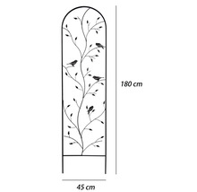 Černá kovová mříž na popínavé rostliny s dekorativním motivem listů a ptáků, výška 180 centimetrů, šířka 45 centimetrů.
