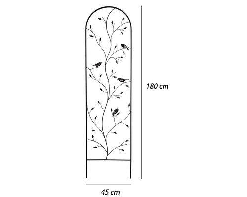 Černá kovová mříž na popínavé rostliny s dekorativním motivem listů a ptáků, výška 180 centimetrů, šířka 45 centimetrů.