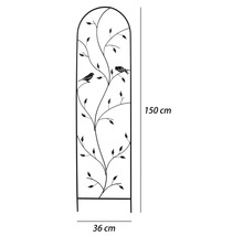 Kovová opora pro popínavé rostliny s motivem listů a ptáků, 150 na 36 centimetrů.