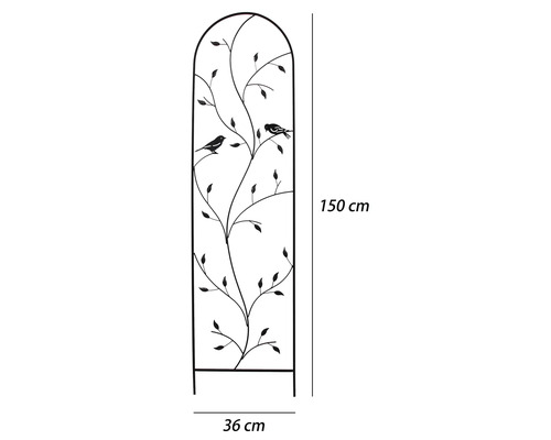 Kovová opora pro popínavé rostliny s motivem listů a ptáků, 150 na 36 centimetrů.