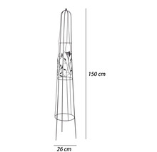Kovový zahradní obelisk s dekorem ptáčka a listů, výška 150 centimetrů, průměr 26 centimetrů.