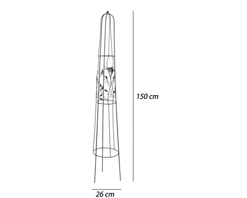 Kovový zahradní obelisk s dekorem ptáčka a listů, výška 150 centimetrů, průměr 26 centimetrů.