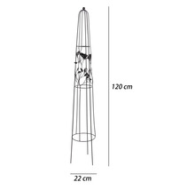 Kovový obelisk na rostliny s motivem ptáků a listů, výška 120 centimetrů, šířka 22 centimetrů.