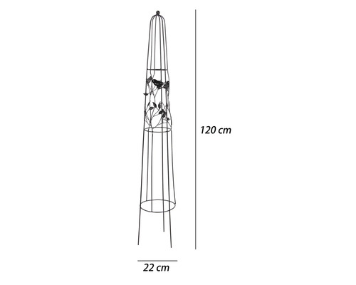 Kovový obelisk na rostliny s motivem ptáků a listů, výška 120 centimetrů, šířka 22 centimetrů.
