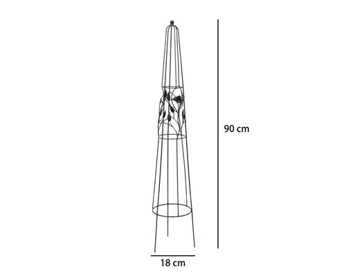 Kovový zahradní obelisk pro popínavé rostliny s motivem ptáků a listů, výška 90 centimetrů, průměr 18 centimetrů.