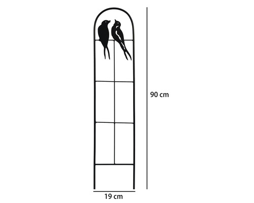 Kovová mříž na popínavé rostliny s motivem ptáků, výška 90 centimetrů a šířka 19 centimetrů.