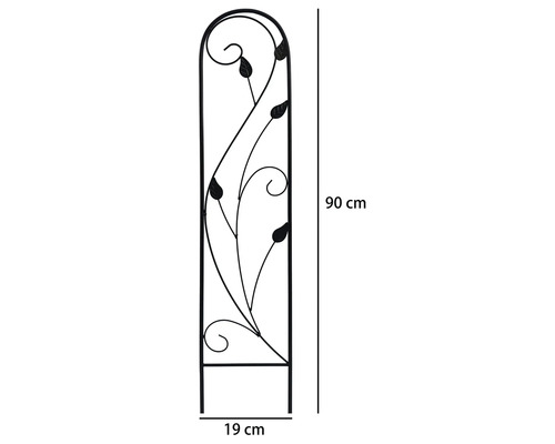 Černá kovová opora pro popínavé rostliny s motivy listů a spirálami, výška 90 centimetrů, šířka 19 centimetrů.