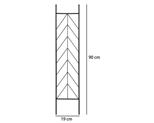 Kovová opěra pro popínavé rostliny se vzorem rybí kosti, výška 90 centimetrů a šířka 19 centimetrů.